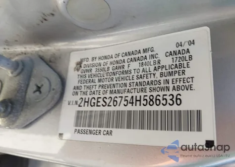 2004 Honda Civic Ex z USA, uszkodzony, nr VIN 2HGES26754H586536